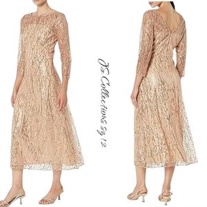 JS Collections Finley Rose Gold Sequin A-Line Tea Length Dress 3/4 Sleeve sz 12